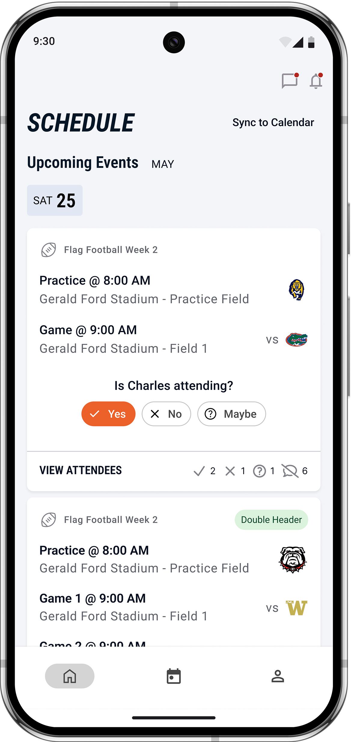 Next Level Sports app schedule screen