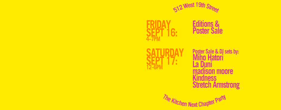Pink text on yellow background announces an Edition and Poster Sale with DJ sets. 