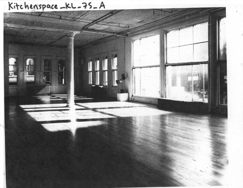 Interior view of The Kitchen's space at 484 Broome Street, c. 1975. Photo by Kathy Landman.