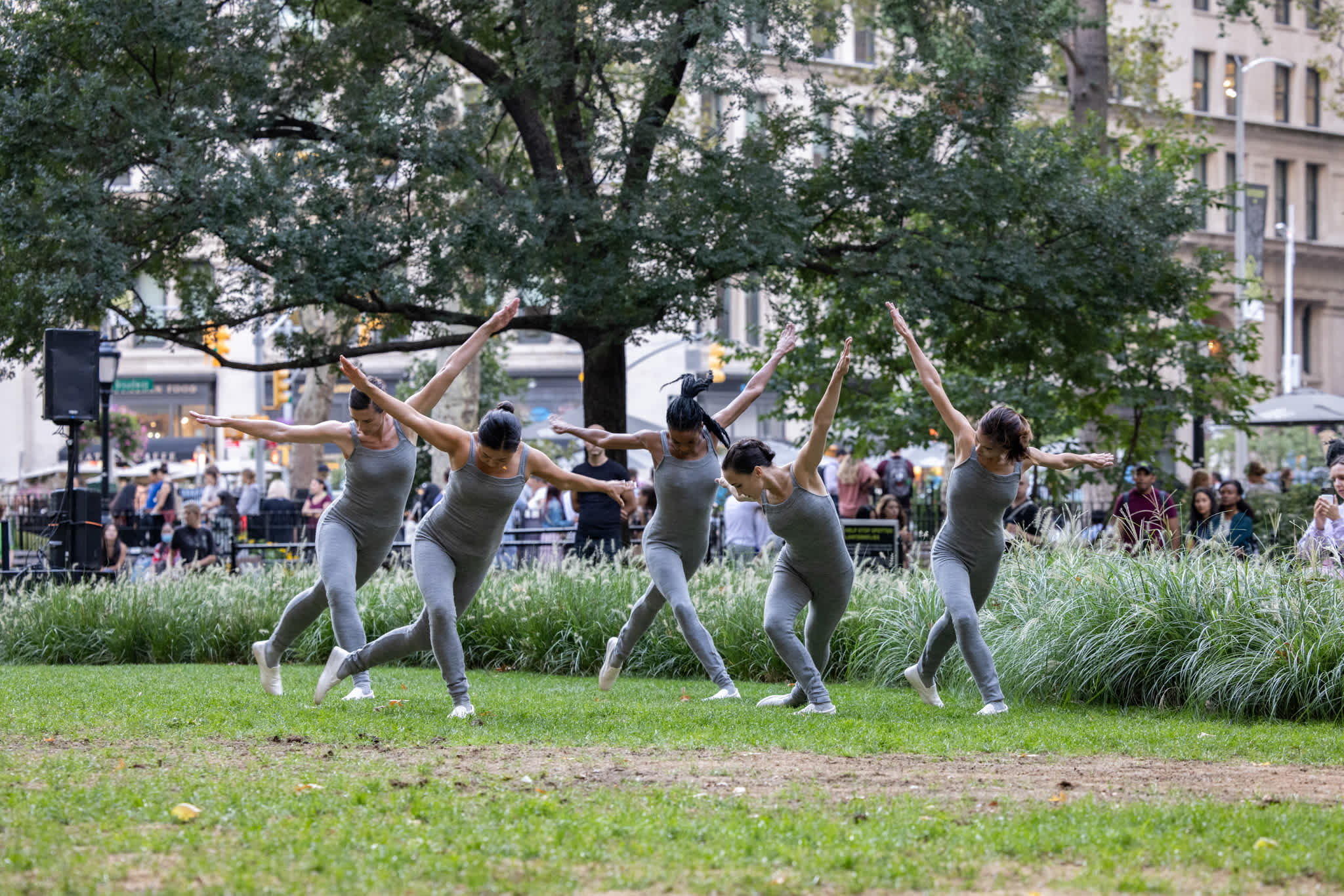 Five dancers in grey unitards appear in a staggered line, each holding the same pose: right foot extended back on a diagonal, arms outstretched at an angle. The dancers are on grass in a park, with a row of tall grass behind them. Audience members stand and watch in the background.