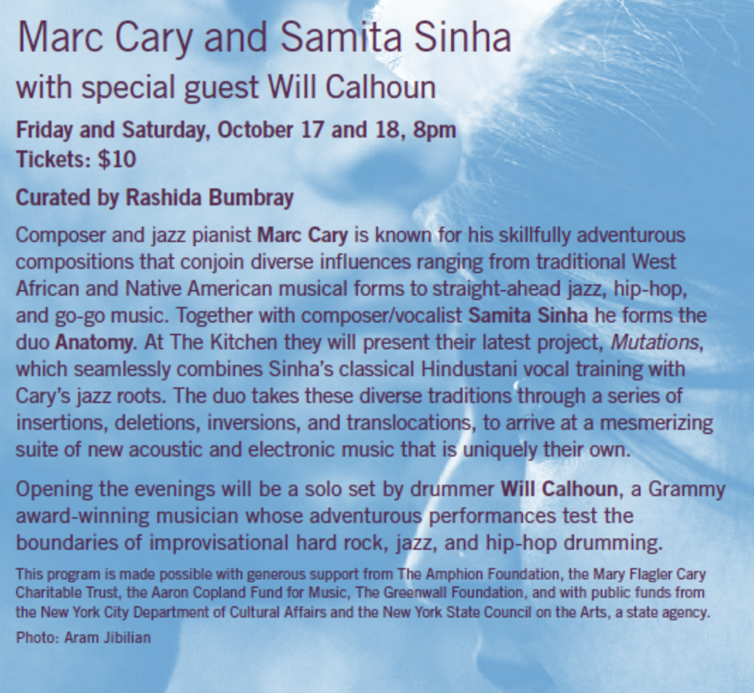 Flyer for Marc Cary and Samita Sinha with Will Calhoun. 