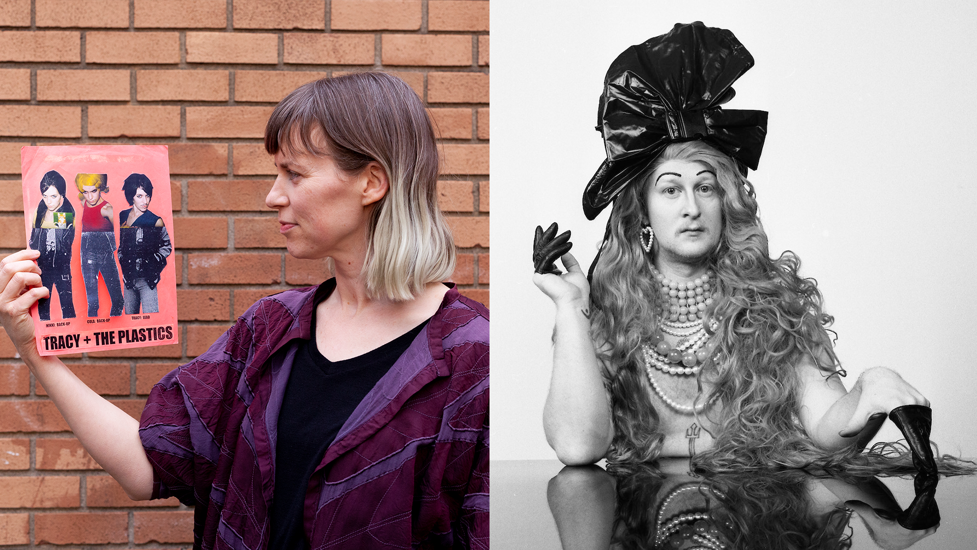Two artist portraits are placed side by side. On the left, Wynne Greenwood looks at a Tracy + the Plastics flyers that she is holding in her hand. On the right, there is a B&W portrait of Colin Self who sits at a table, wearing a long blond wig with a large bow on top and many pearl necklaces around their neck.