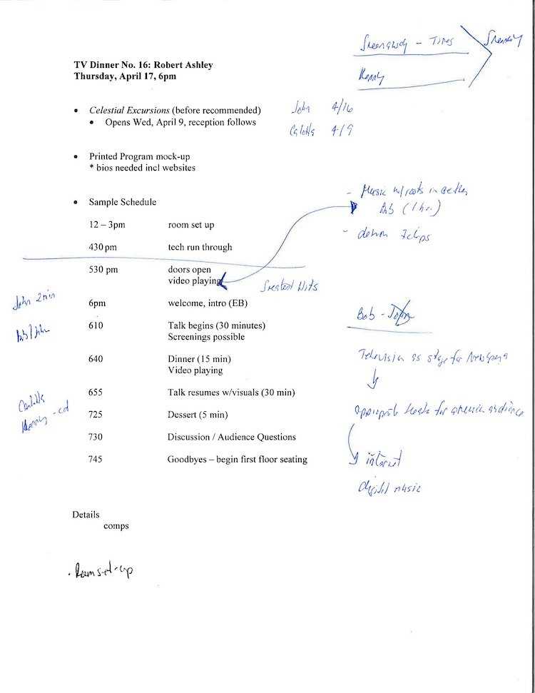 Annotated internal document outlining run of show for TV Dinner No. 16: Robert Ashley, April 17, 2003 at The Kitchen.