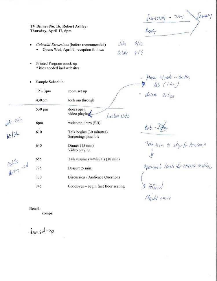  Annotated internal document outlining run of show for TV Dinner No. 16: Robert Ashley, April 17, 2003 at The Kitchen. 