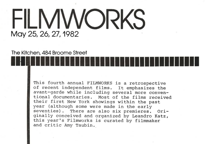 Program for Filmworks ’82 at The Kitchen, May 25–27, 1982. Detail.