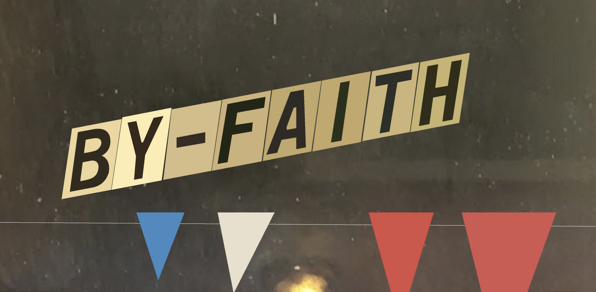 A sign reads "By-Faith" in black text on brass metal tiles.