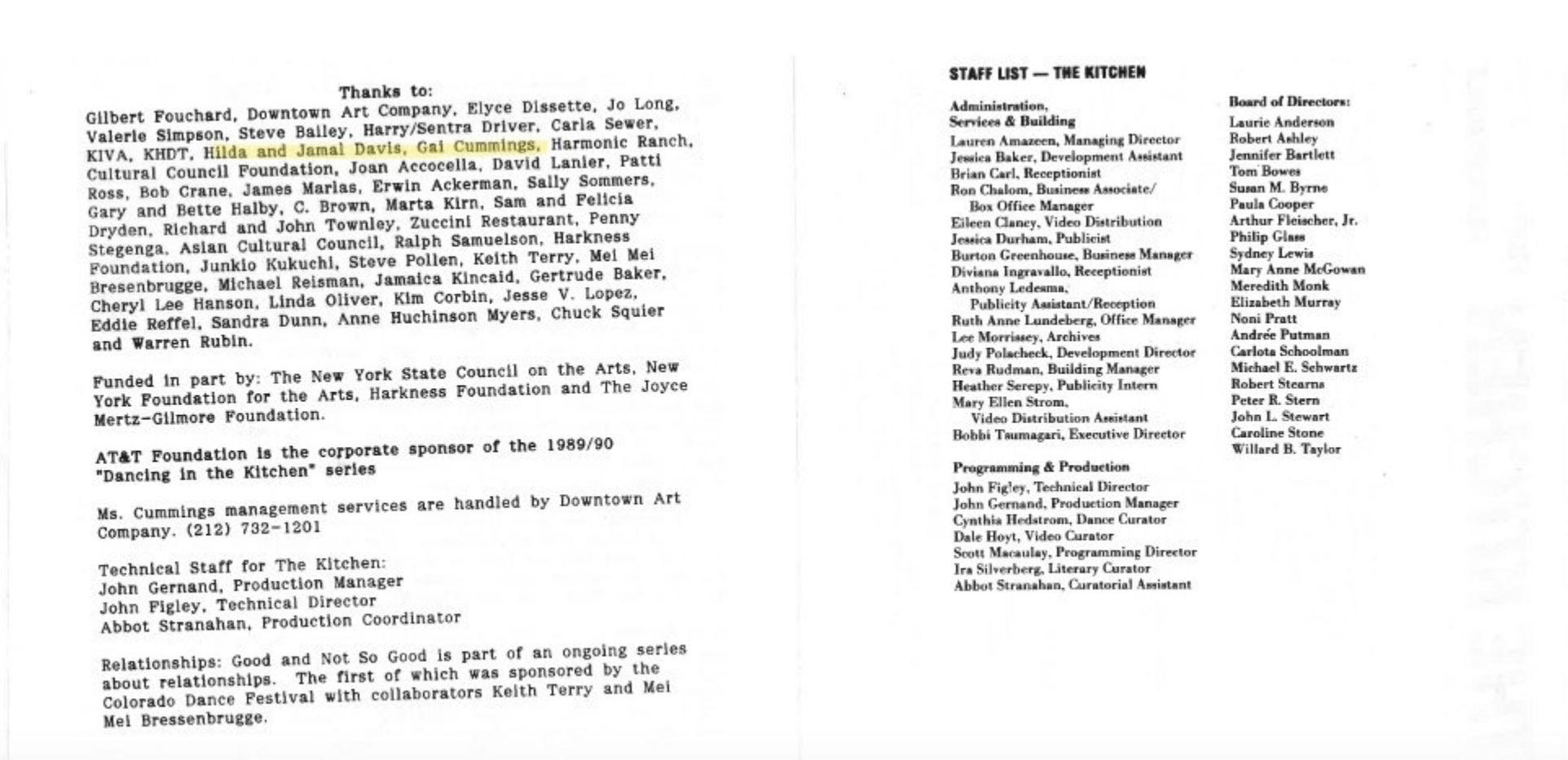 Excerpts from program for Blondell Cummings, Relationships: Good and Not So Good, For J.B., and 3B49 at The Kitchen, November 30–December 3, 1989, with names of Cummings’s family members highlighted in yellow in the “Thanks to” section. Emphasis added. 