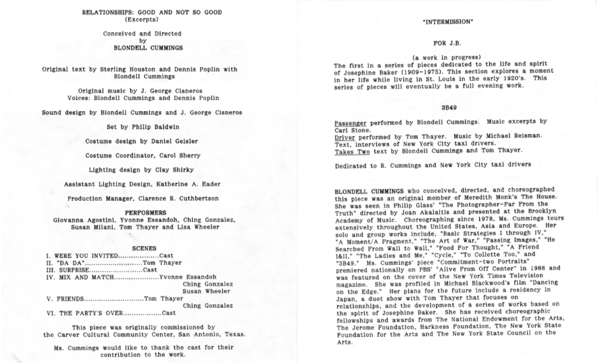 Excerpts from program for Blondell Cummings, Relationships: Good and Not So Good, For J.B., and 3B49 at The Kitchen, November 30–December 3, 1989, with names of Cummings’s family members highlighted in yellow in the “Thanks to” section. Emphasis added.