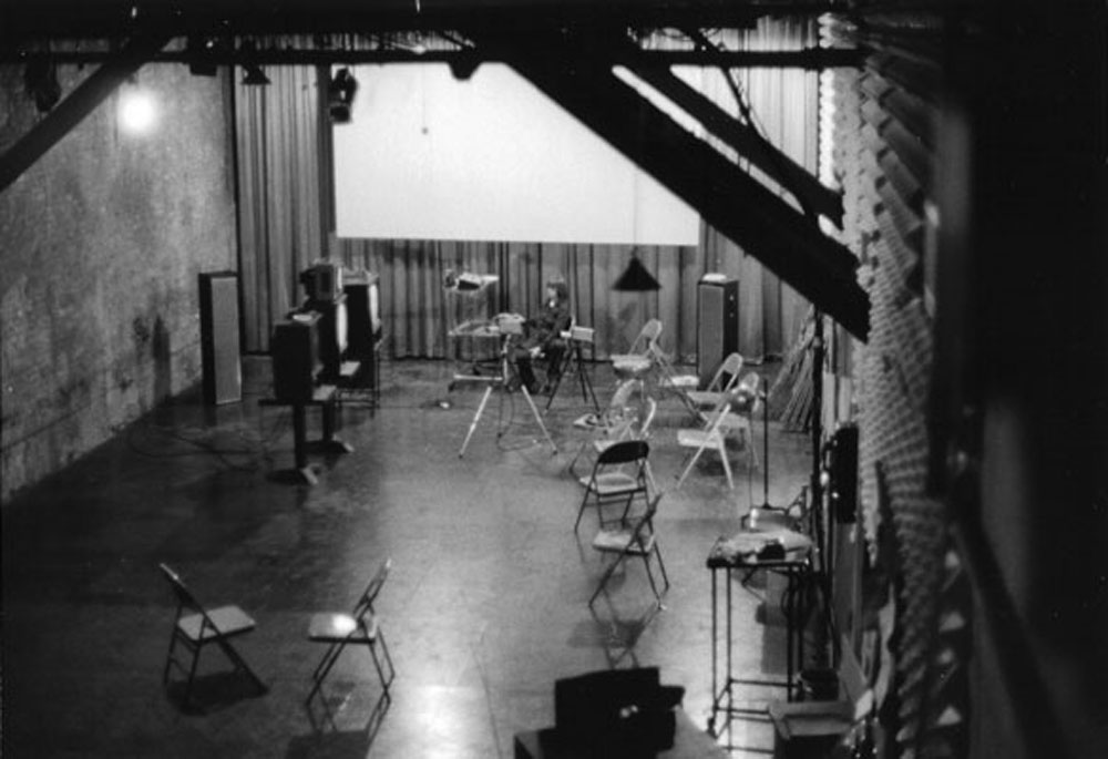 Steina Vasulka in The Kitchen, second floor of the Mercer Arts Center, 240 Wooster Street. Date and photographer unknown.