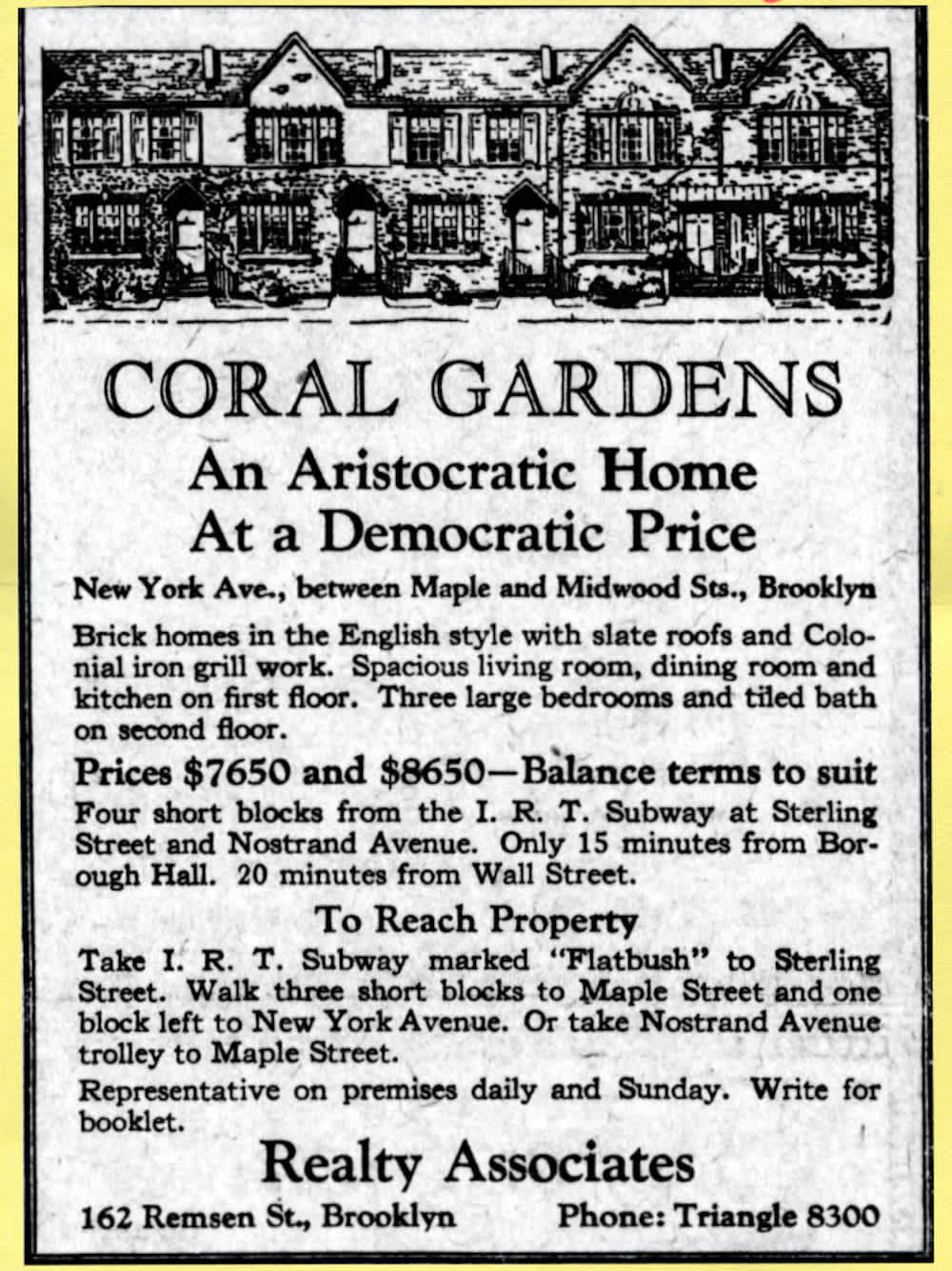 An archival newspaper clipping of an ad placed by a real estate firm advertising the new development Coral Gardens.