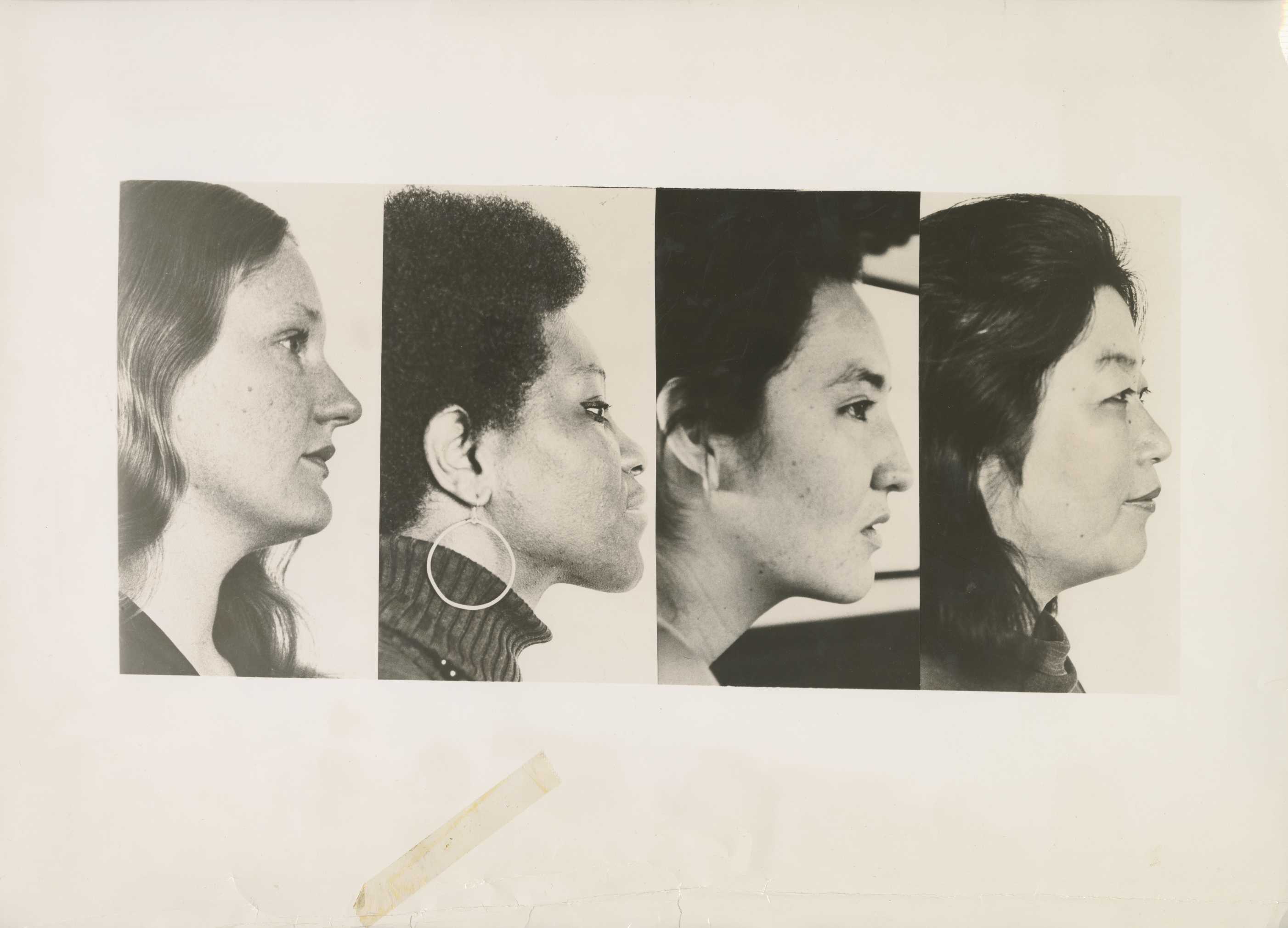 Black-and-white profile-side headshots of each of the artists in order from left to right: Cecilia Sandoval, Mary Lucier, Shigeko Kubota, and Charlotte Warren, on a beige background.