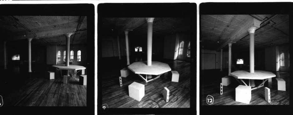 Lawrence Weiner, WITH RELATION TO THE VARIOUS MANNERS OF USE: WITH PINK, VIOLET, SILVER (HAVING BEEN BROUGHT TO PASS), 1976. Detail from contact sheet of installation views at The Kitchen. Photos by Harry Shunk.
