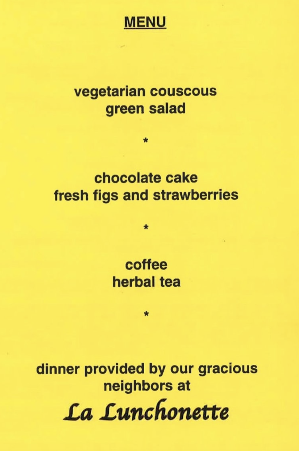 Menu printed in program for Joan Logue, TV Dinner No. 1: Joan Logue: Video Portraits, October 2–3, 1998 at The Kitchen. 