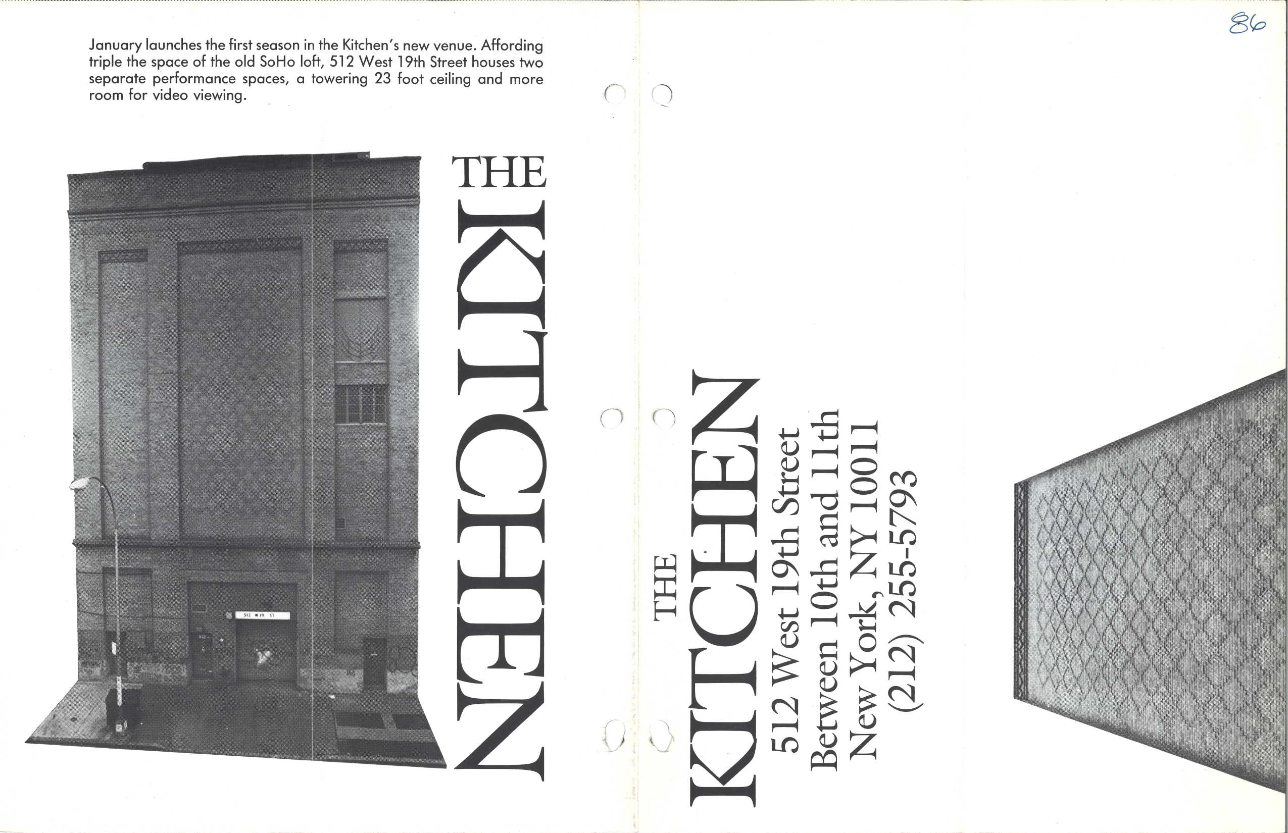 Front page of calendar of programs at The Kitchen, 512 W 19th Street, January 1986.