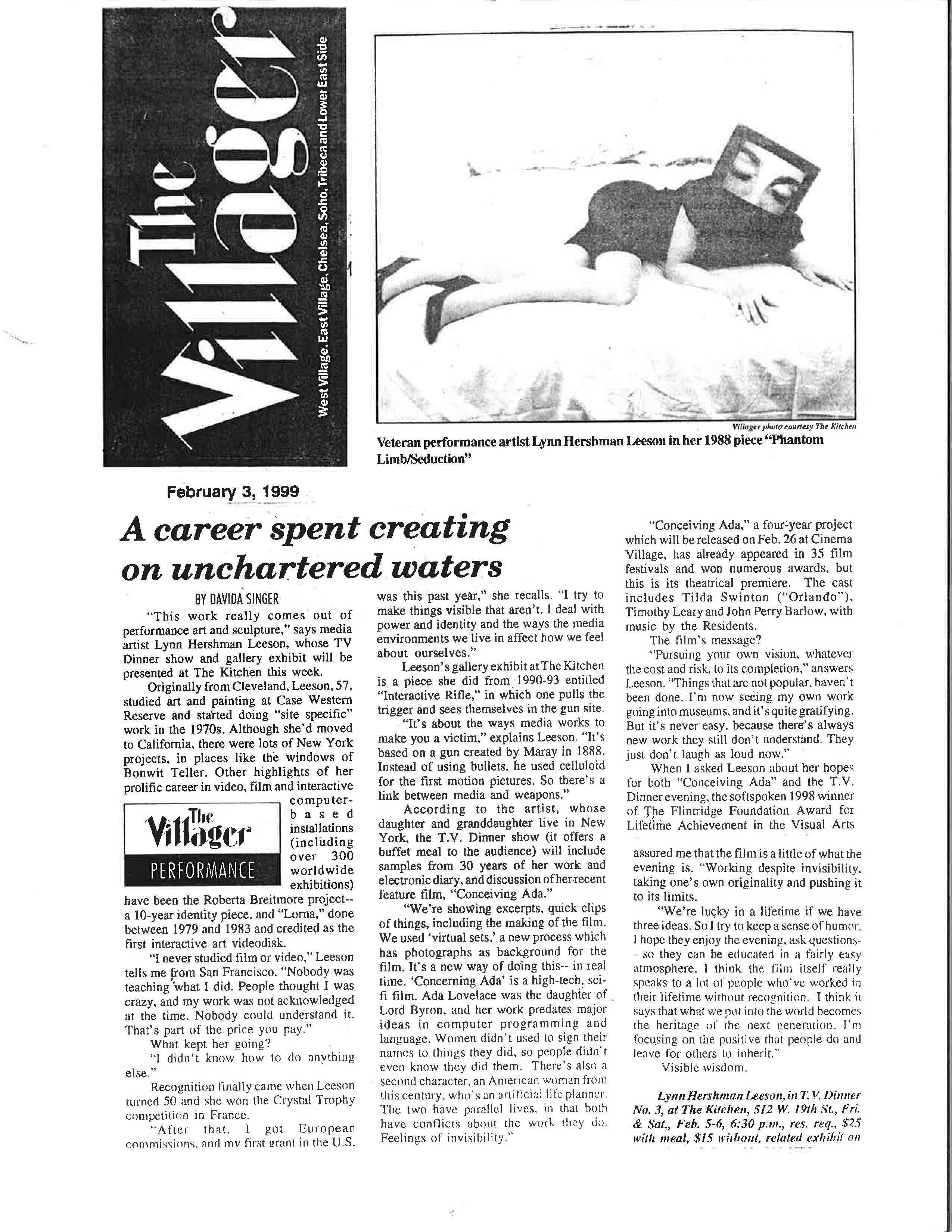 Newsprint review of Lynn Hershman Leeson's work in The Villager, 1999.
