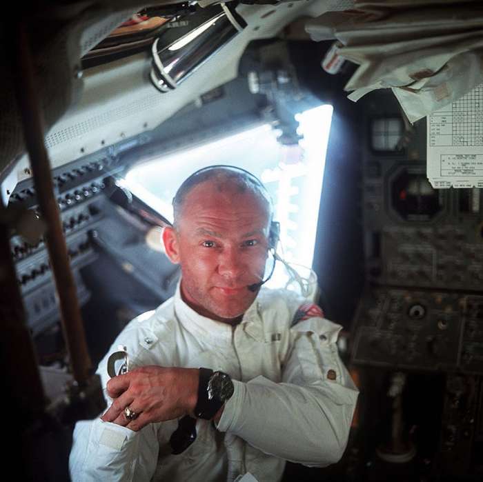 Buzz Aldrin with his Omega Speedmaster I Source: NASA