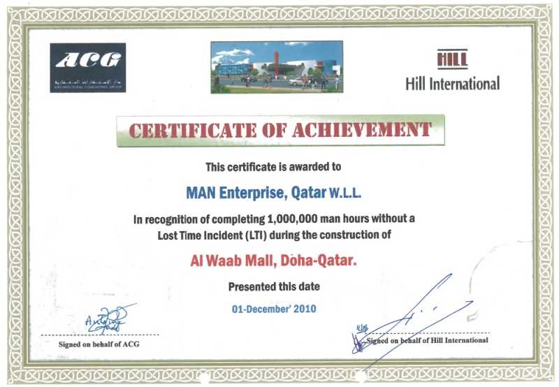 Certificate of Achievement - 1,000,000 man hours without a Lost Time Incident (LTI)