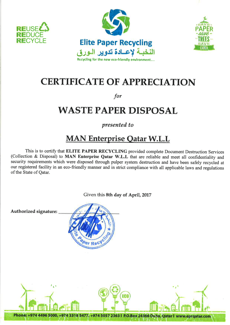 Certificate of Appreciation for Waste Paper Disposal