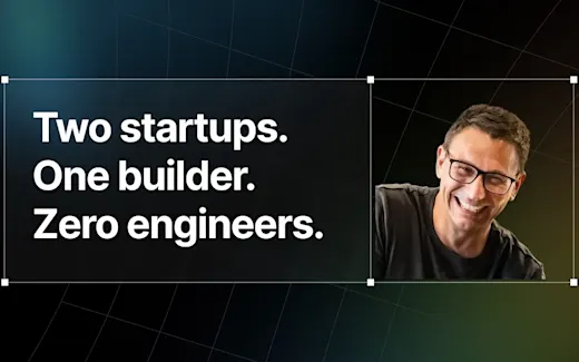 Customer story hero: 'Two startups. One builder. Zero engineers.' with a photo of Simon Berg on a dark wireframe background.