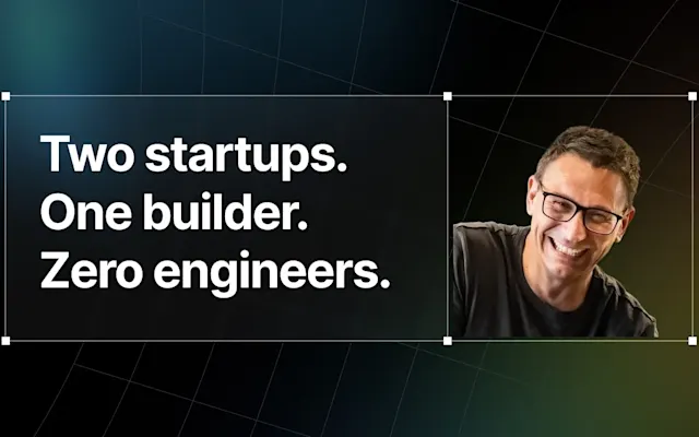 Customer story hero: 'Two startups. One builder. Zero engineers.' with a photo of Simon Berg on a dark wireframe background.