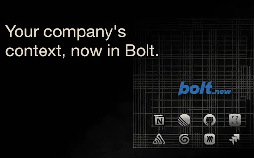 Promo graphic: 'Your company's context, now in Bolt,' with the bolt.new logo and the eight Connector tool icons on a dark wireframe background.