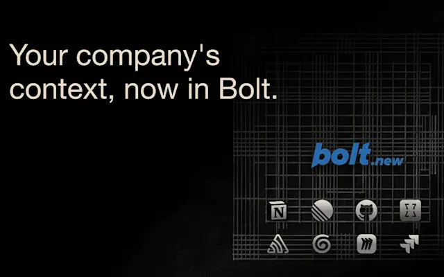 Promo graphic: 'Your company's context, now in Bolt,' with the bolt.new logo and the eight Connector tool icons on a dark wireframe background.