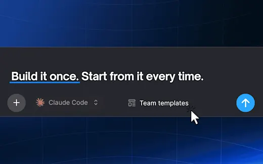 Bolt prompt box on a dark-blue grid with the headline 'Build it once. Start from it every time.' and Team Templates control visible.