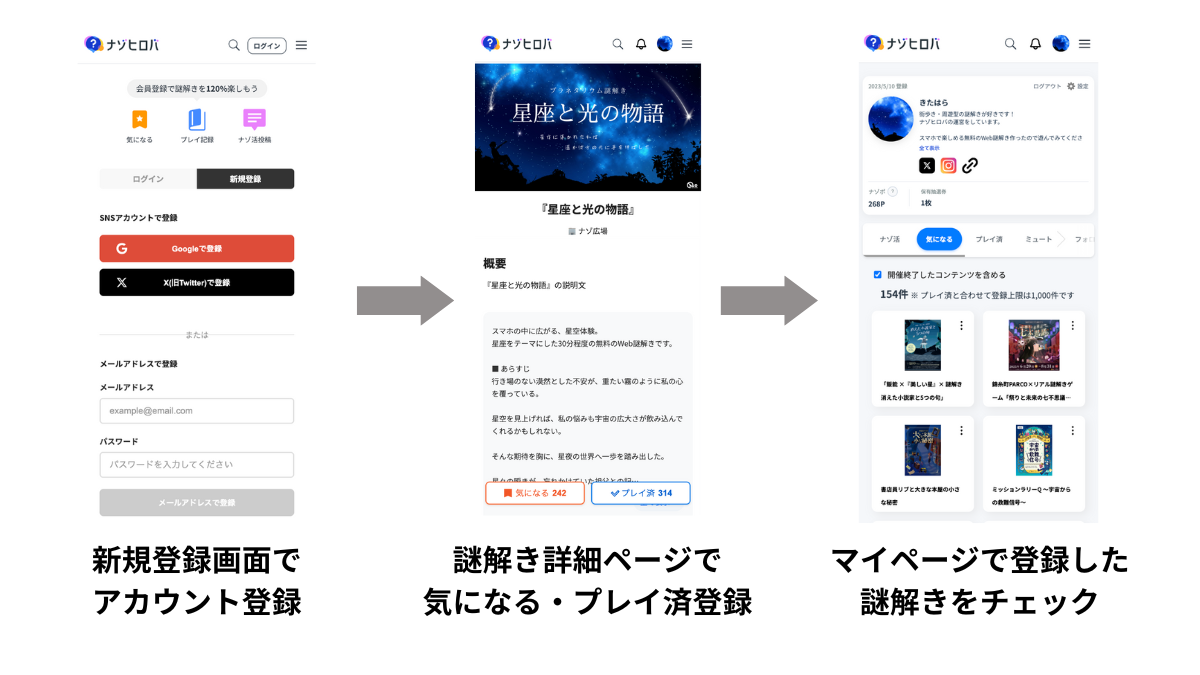 ナゾヒロバに登録すると何ができる? 気になる・プレイ済などのプレイ記録の管理