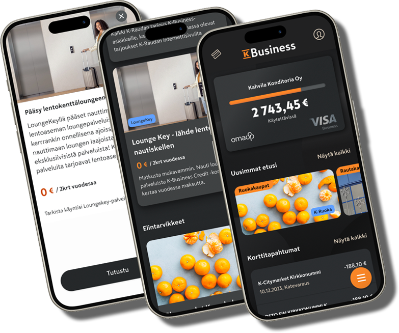 Kuva K-Business-sovelluksesta jossa näkyy käytettävissä oleva luoton määrä sekä edut yrityskortin haltijalle