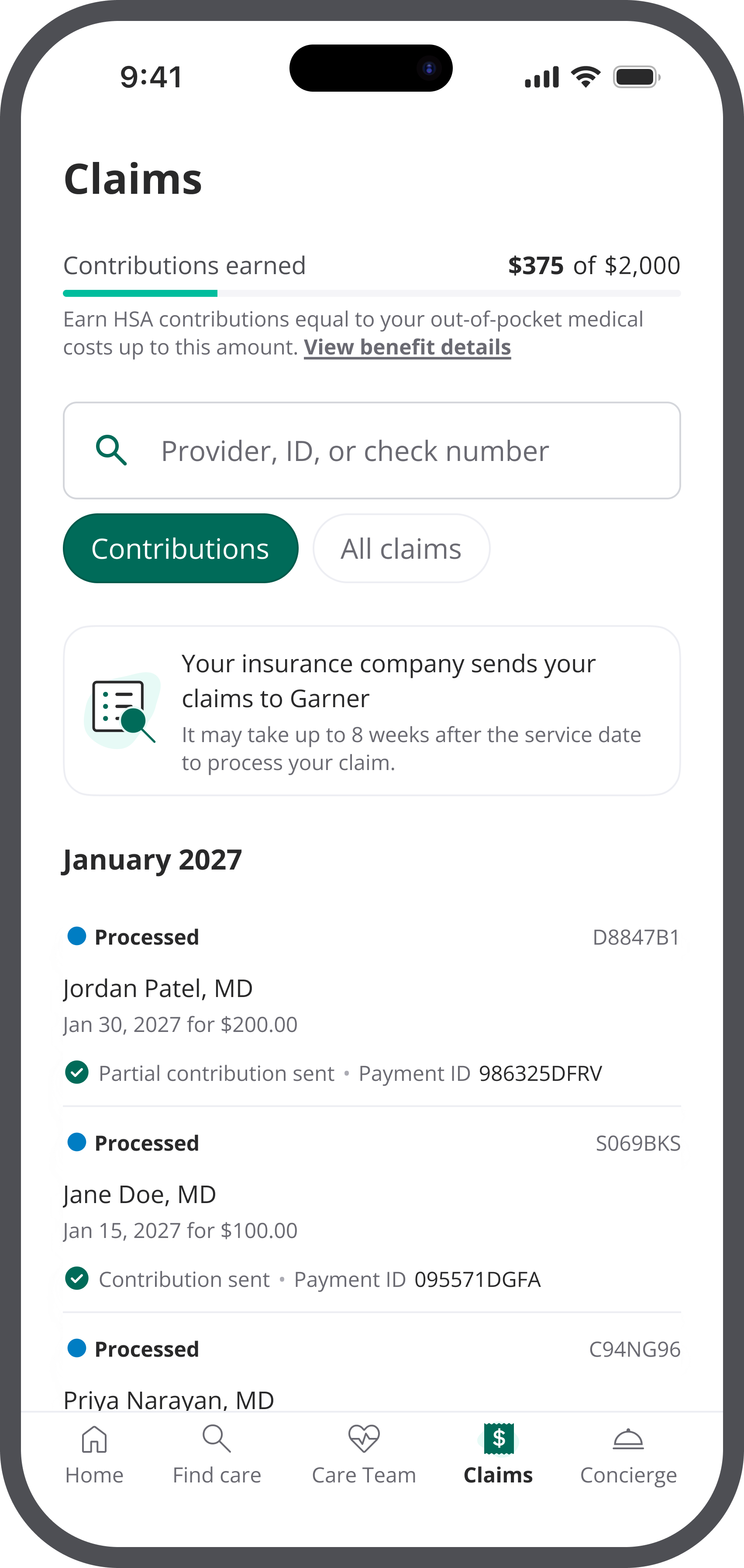 Garner app claims screen