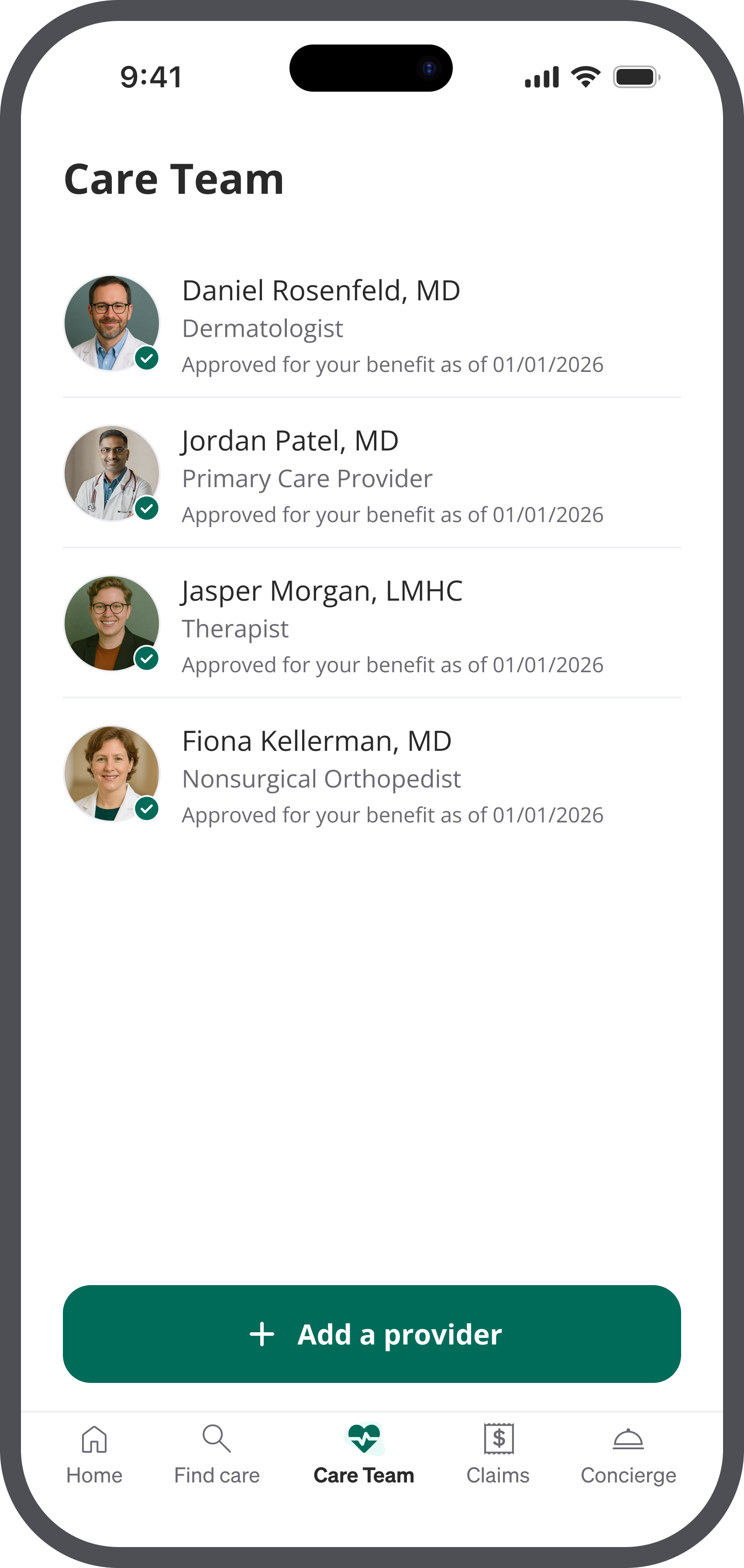 Garner app Care Team screen