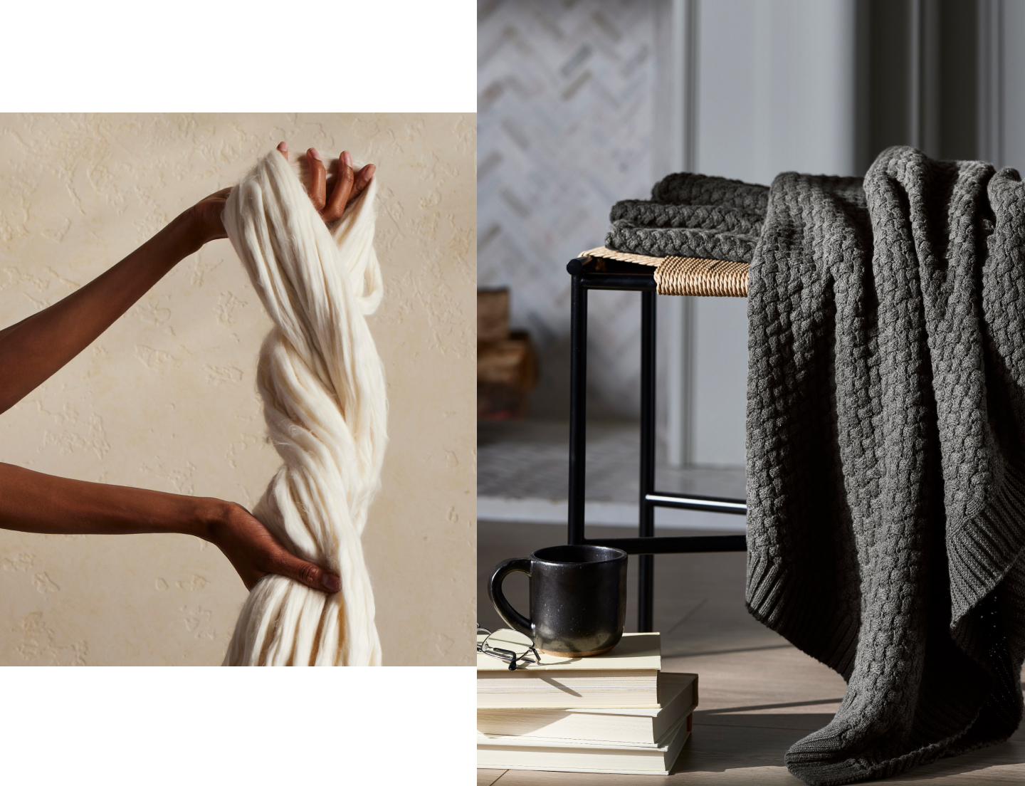 Image of organic cotton and a Sweater Knit Throw Blanket draped on a table