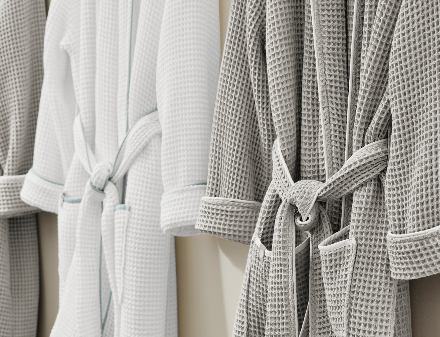 Detail close up of the Waffle Robes in Pewter/White and White/Shore