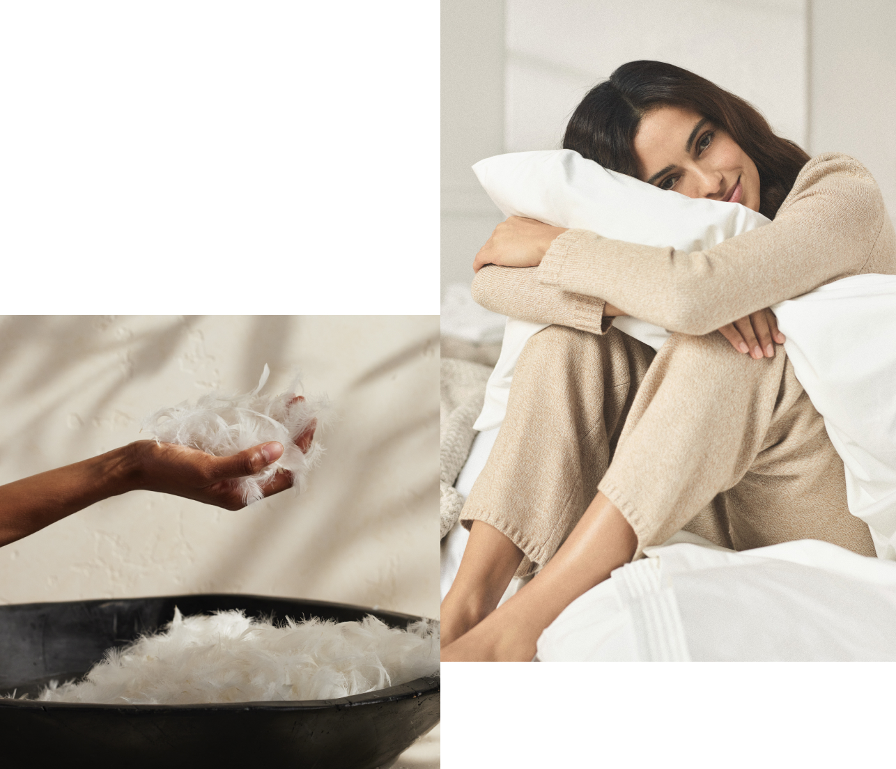 A hand holding down feathers and a woman hugging a Down Pillow Insert