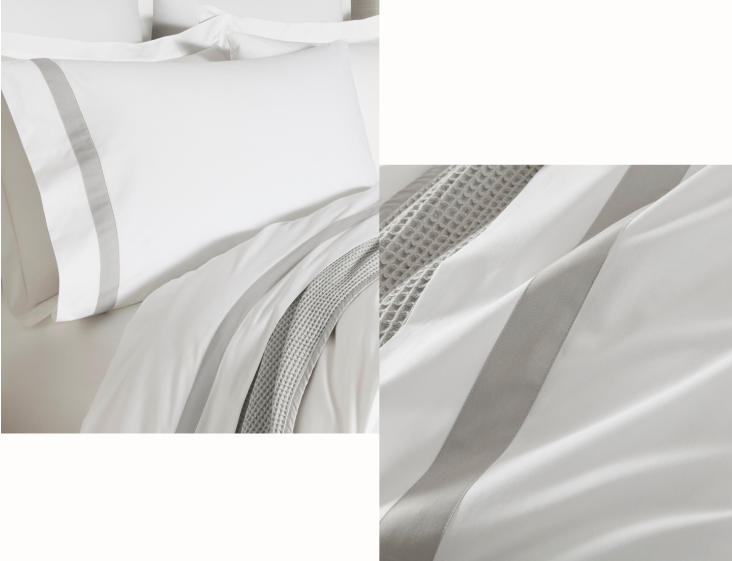 Detail close up of Percale Banded Sheet Set in White/Pewter