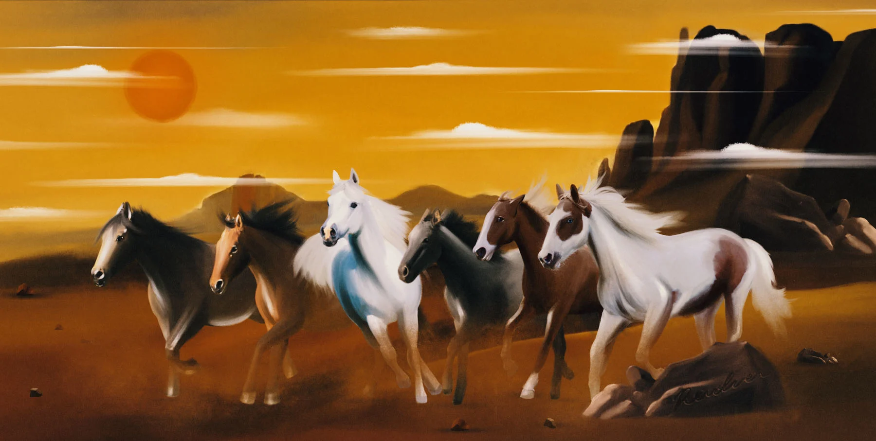 An illustration depicting a group of wild horses galloping through the desert surrounded by rocky mountains, the orange sun setting above them in the sky.