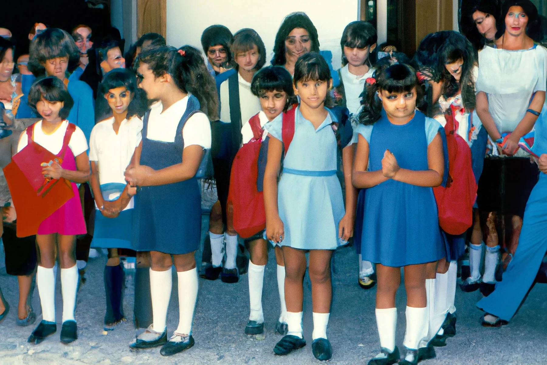 An image that looks like a photograph but is created with the use of Artificial Intelligence. The image has a 90s feel, showing many kids, mainly girls, on their first day of school, looking at the camera.