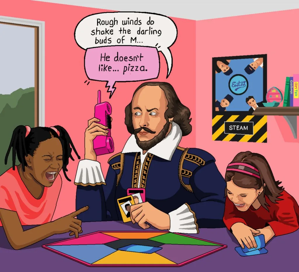 Shakespeare playing Dream Phone. He’s trying to woo the date with a sonnet but is confused as he doesn’t understand 1990s electronic board game technology. By: Jim’ll Paint It