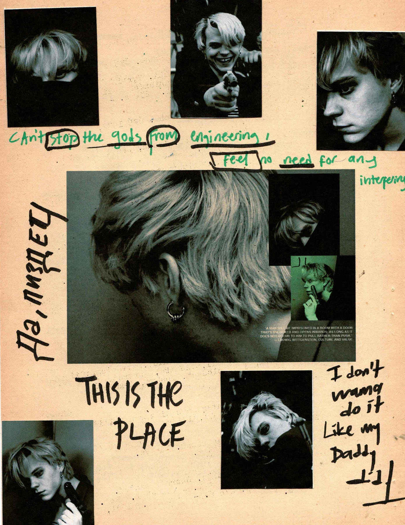 A mixed-media collage artwork featuring six different photos of a man. The artwork includes the text "This is the place" and "I don't wanna do it like my Daddy did it."