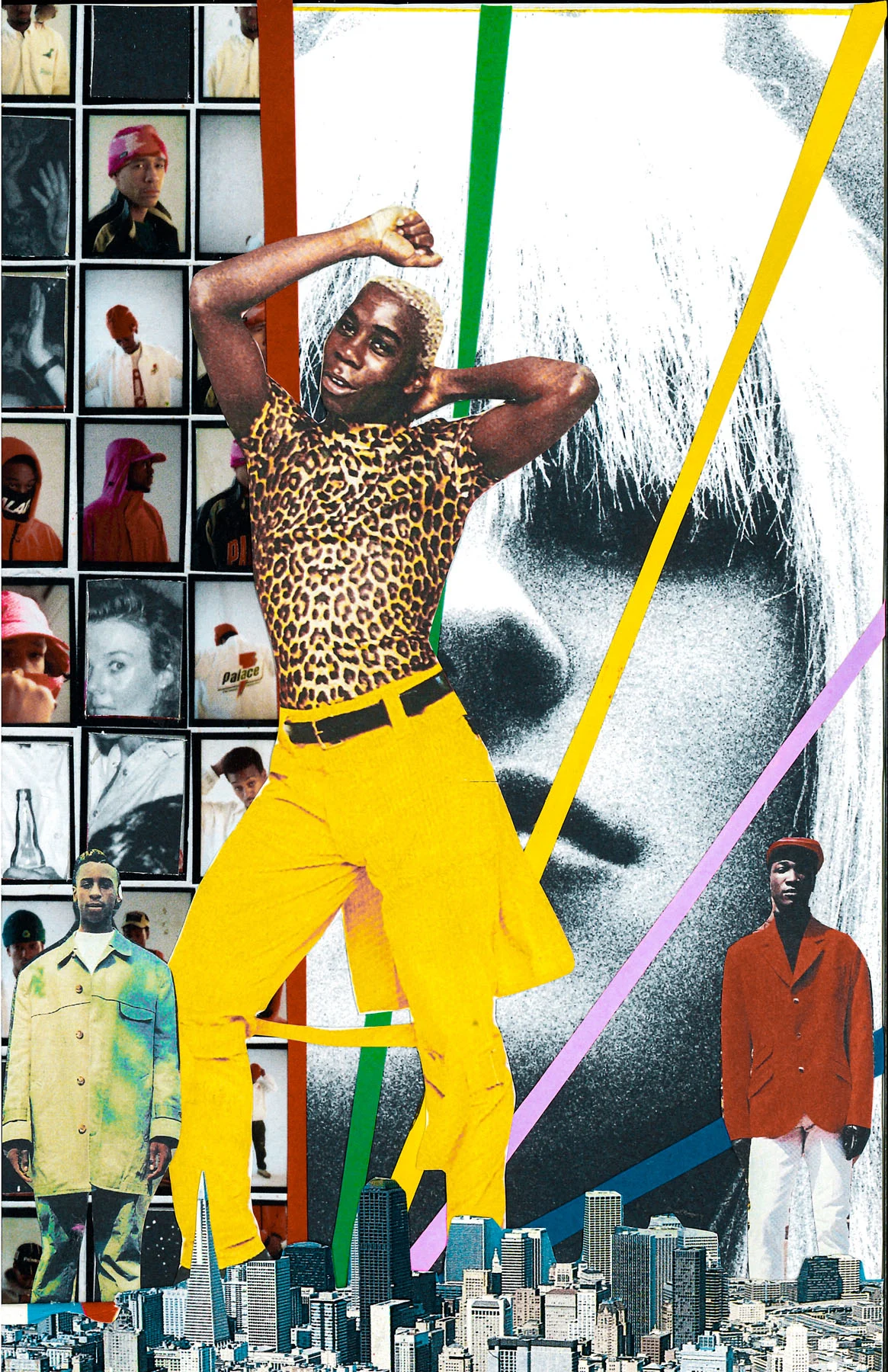 A collage with a black and white photo in the background, with a man wearing yellow pants, a leopard print shirt, and blonde hair posing in the center. Pink, yellow, green, and red strips of contruction paper are featured throughout the photo.