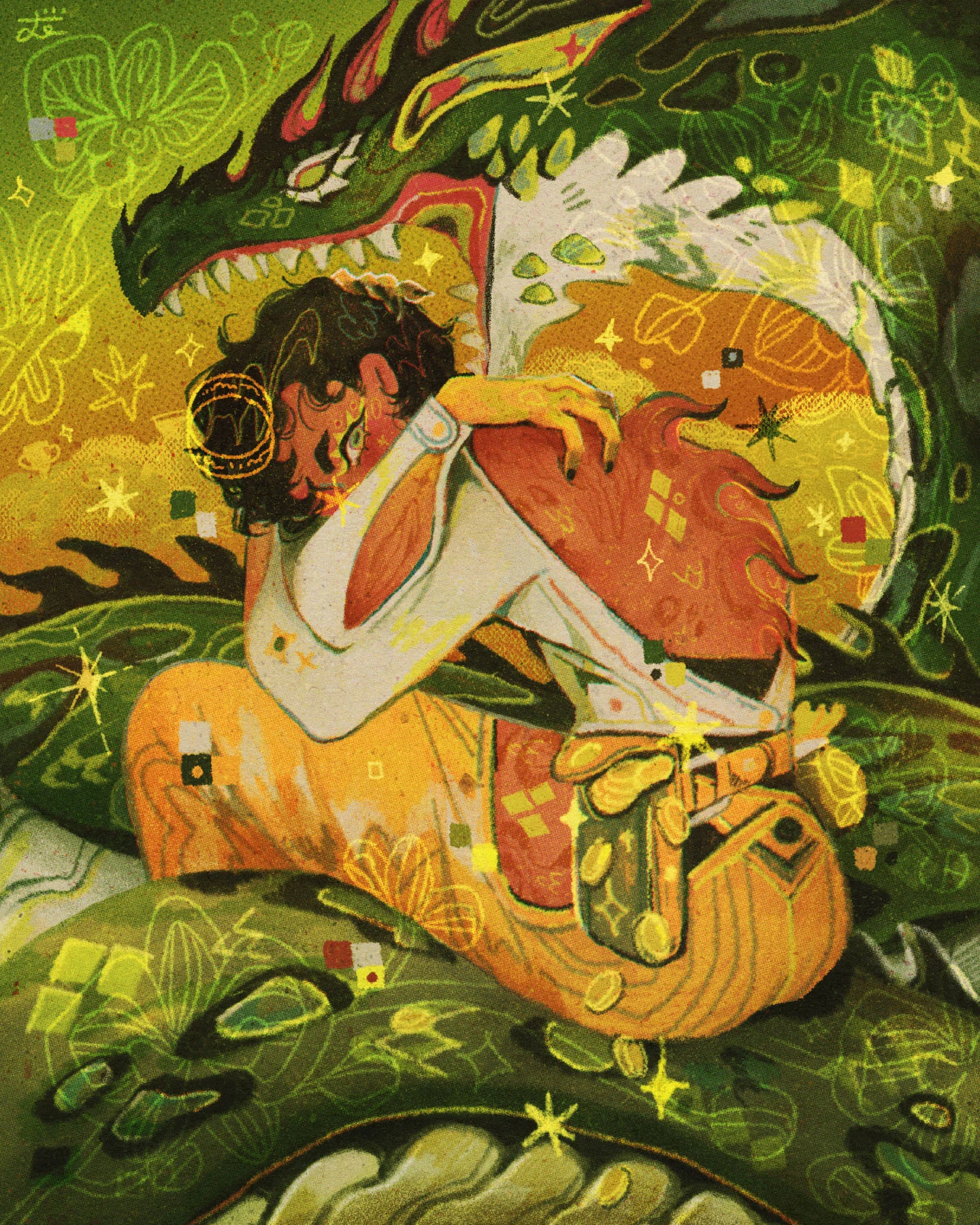 An illustration of a curly-haired character sitting with her body facing away from the viewer, but looking back straight at them. She sits on the body of a green dragon in a room filled with gold coins and sparkling line art. 
