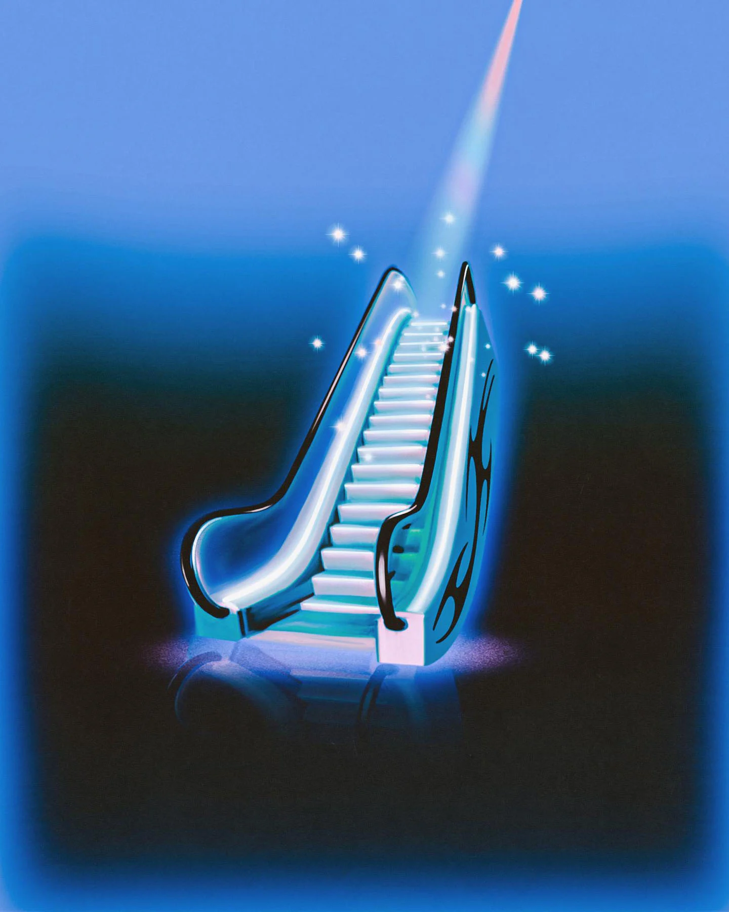 A digital illustration of an escalator with a tribal tattoo design on its side. 
