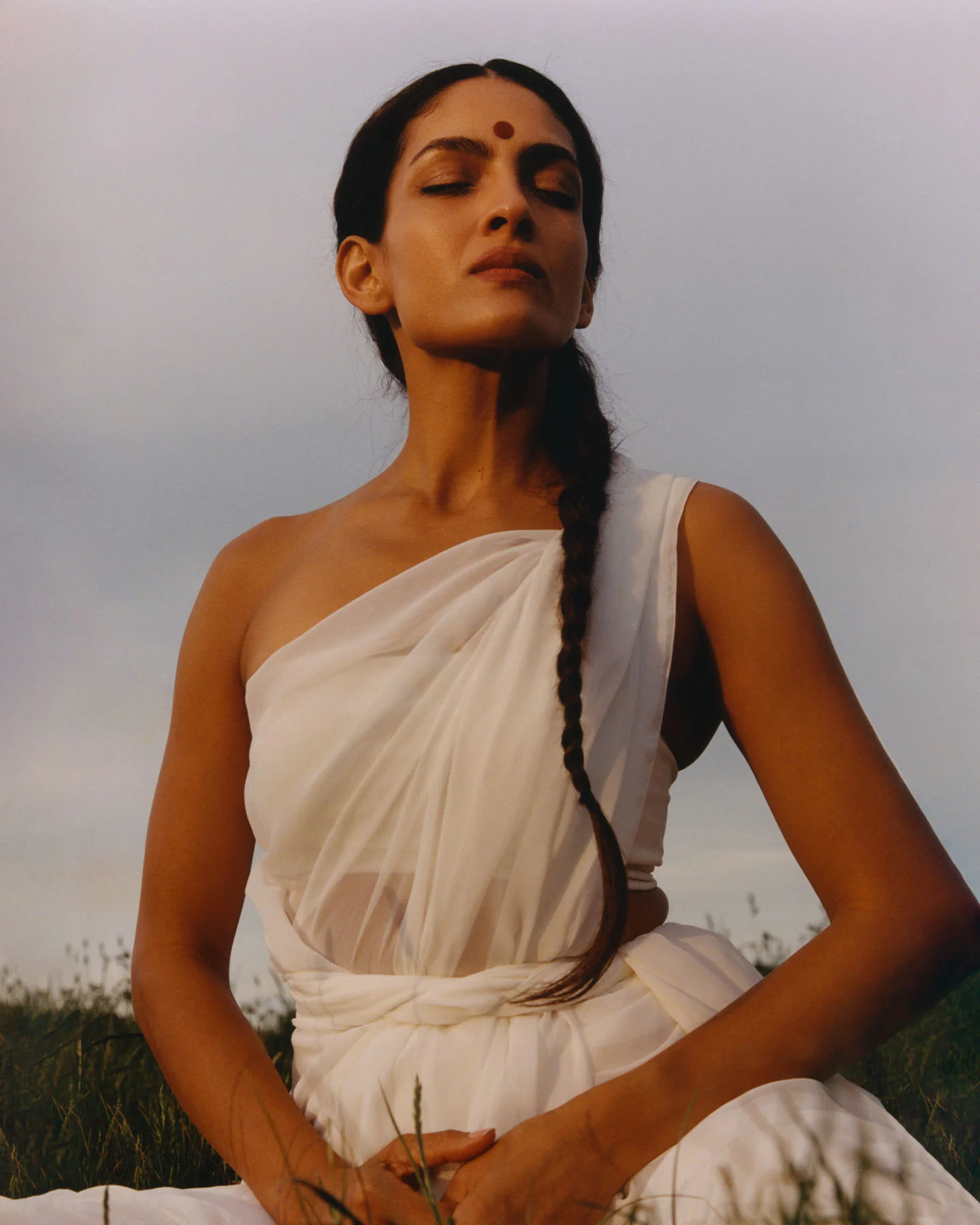 A photograph of Bharatanatyam dancer Rukmini Vijayakumar, sitting in the grass in an open field, meditating in stillness on the Hindu deity Shiva.