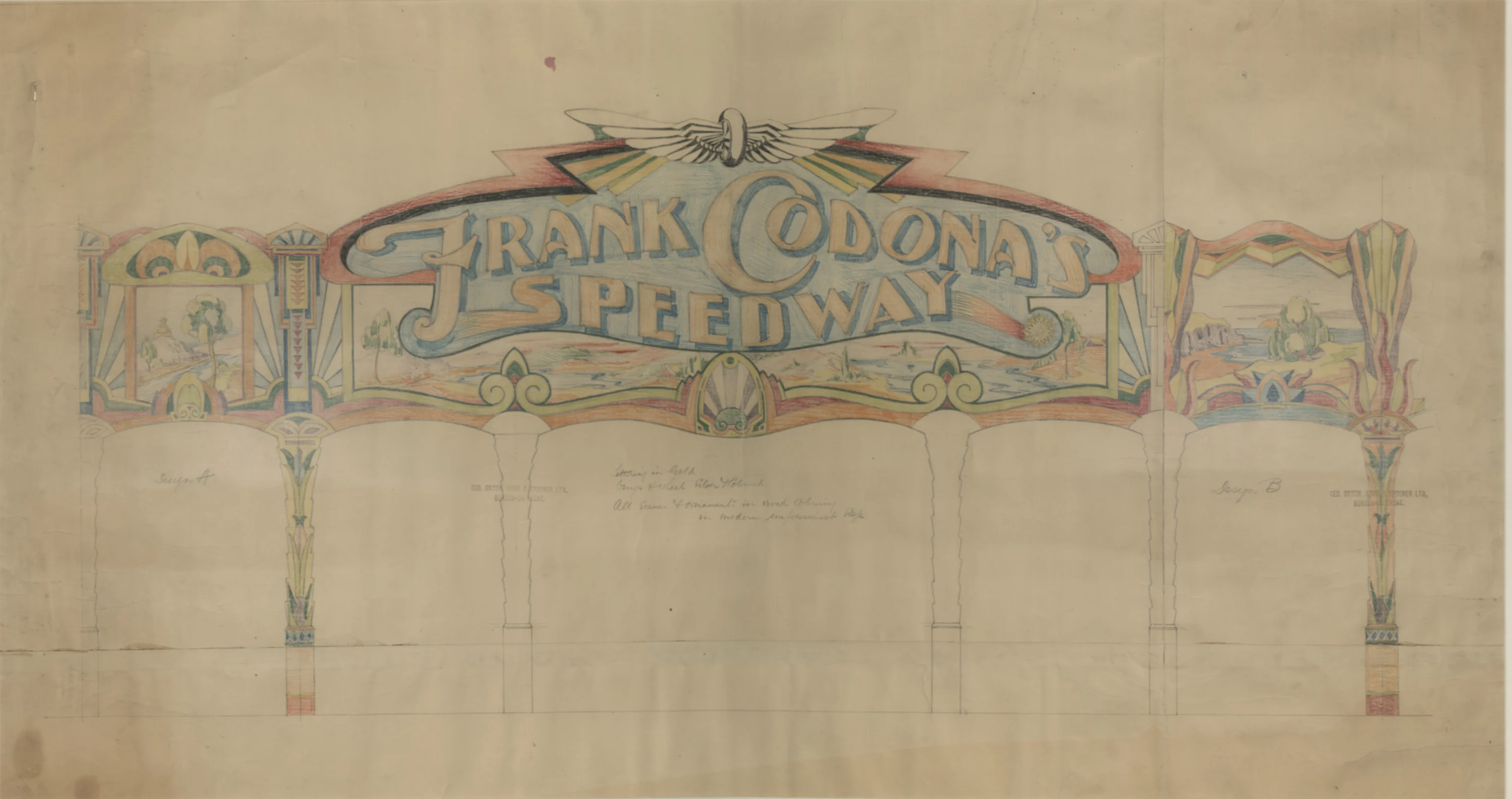 Color drawing of ride frontage containing landscape scenes and Egyptian inspired columns. Stamped Geo. Orton, Sons & Spooner, Burton-on-Trent. Contains notes about decorative finishes.³