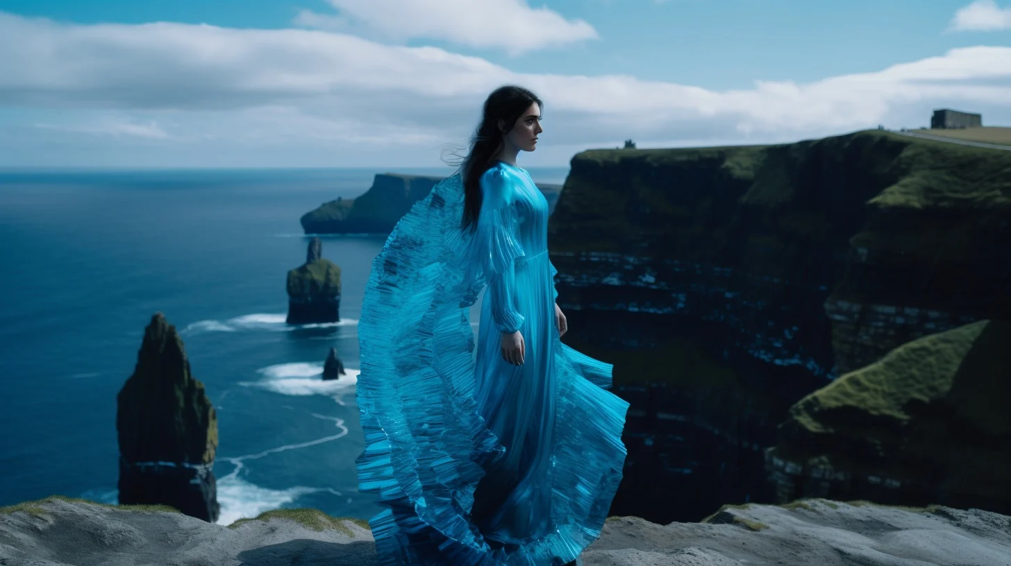 A digitally-rendered image of a woman standing at the top of a cliff, facing away and wearing a flowing blue dress, the ocean, blue sky and other cliffs in the distance behind her.