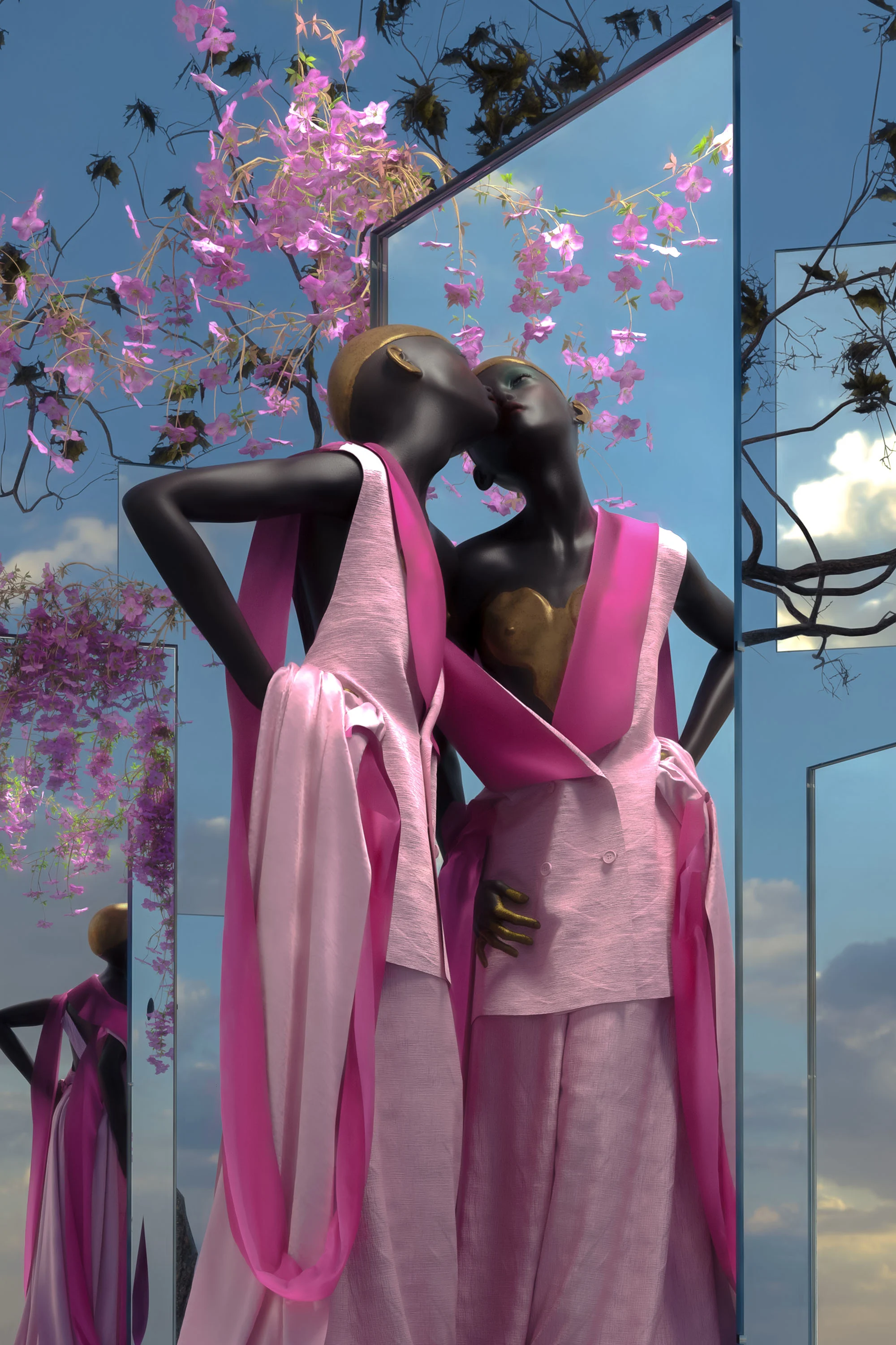 A digitally-rendered image of a figure wearing a pink dress, surrounded by pink flowers and kissing their own reflection in a mirror.