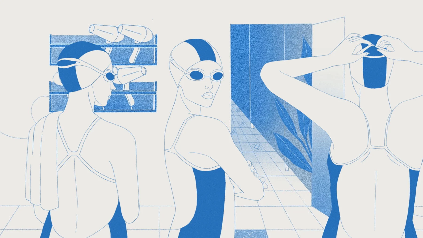 A still from an animated film showing three female swimmers, seen in a medium shot from head to waist, wearing matching suits, caps and goggles. The swimmer in the center gazes at the viewer, arms crossed.
