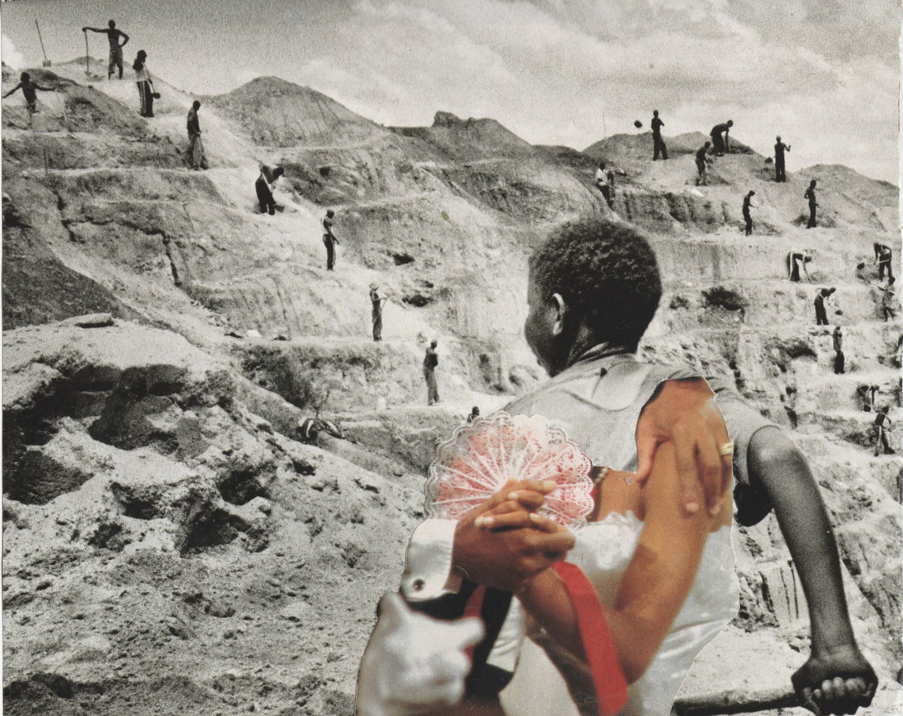 A photo collage: the main image depicts a group of men working on a desolate mountain side, with a cutout of people dancing foregrounding the collage.