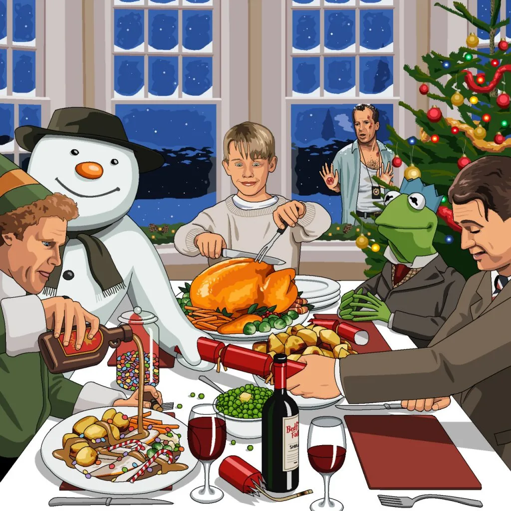 Kevin McCallister, George Bailey, Bob Cratchit (Kermit version), Buddy the Elf and The Snowman having a lovely Christmas dinner together while a shivering John McClane solemnly watches from outside the dining room window. By: Jim’ll Paint It