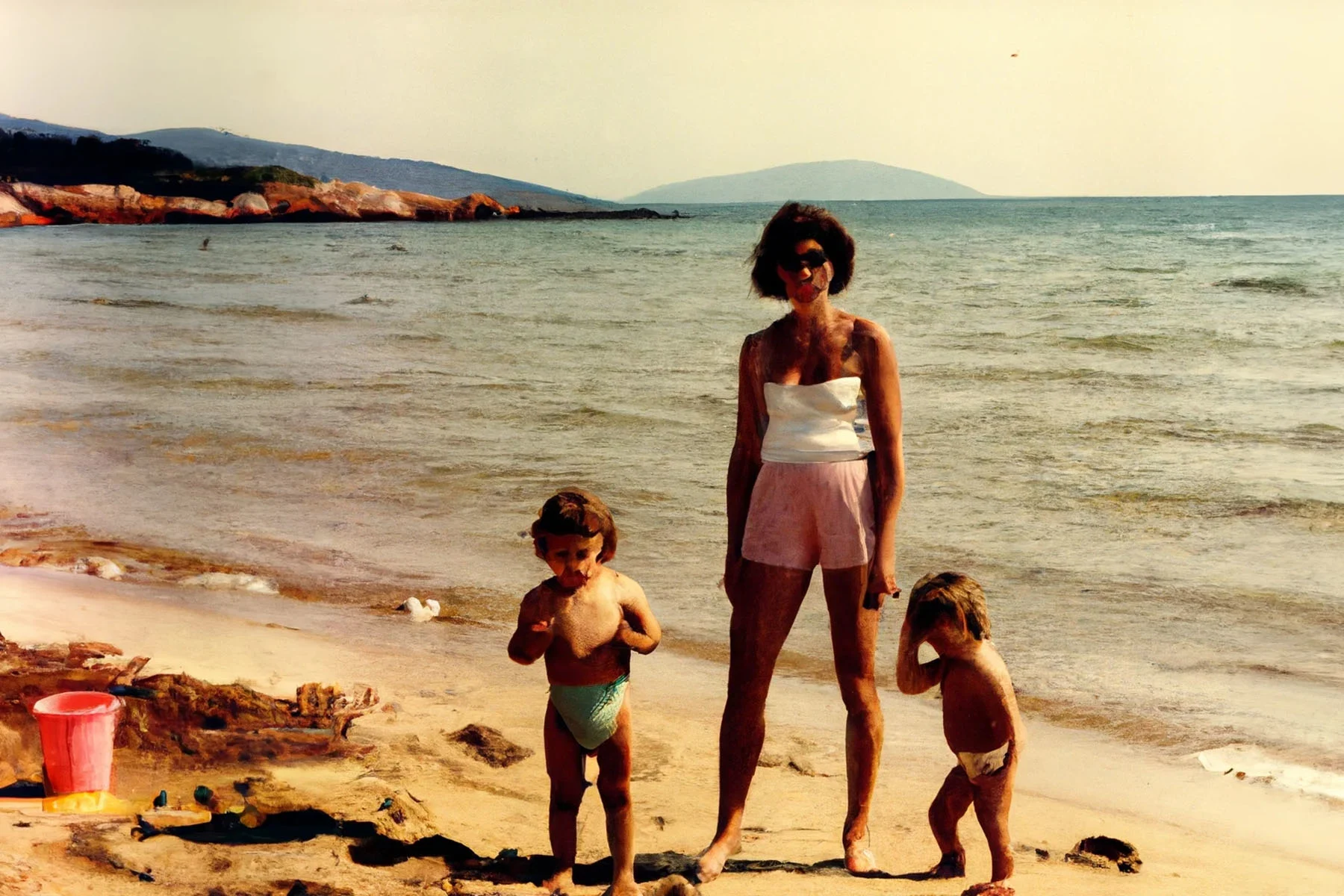 An image that looks like a photograph but is created with the use of Artificial Intelligence. The image has a 90s feel, showing a candid scene of a mother standing on a sunny, sandy beach, looking at the camera with her two young children next to her. Scattered around them are some toys in the sand.